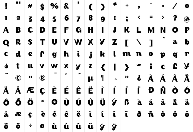 August Bold  glyph index