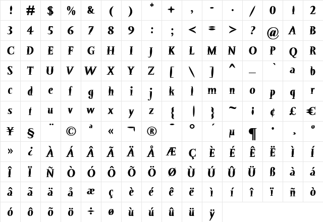 Barracuda Bold Regular  glyph index