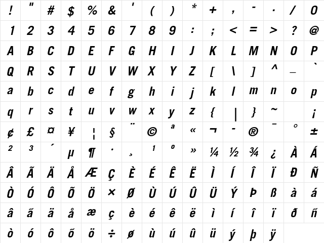 Trade Gothic LT Std Bold Oblique  glyph index