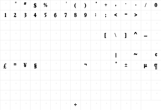 VeroneseExtraBoldCondensedTab Medium  glyph index