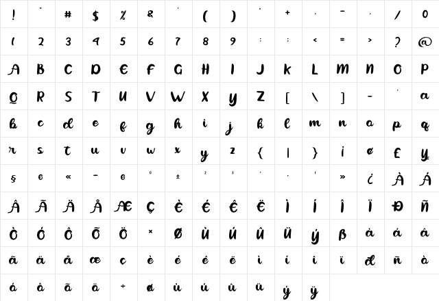 Heyline Regular  glyph index