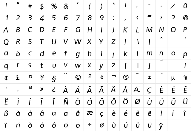 Quebec-Serial-Medium RegularItalic  glyph index