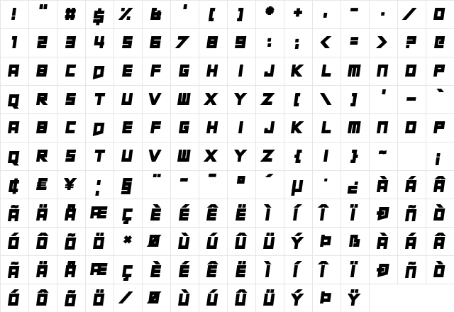 Short Xurkit Tilt Regular  glyph index