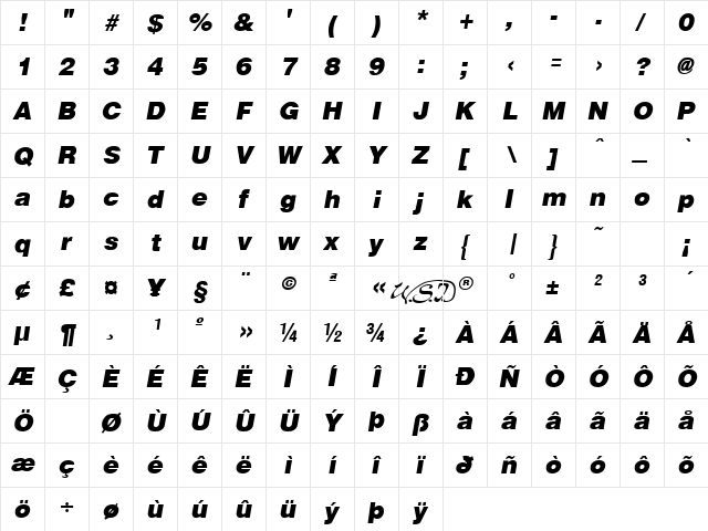 Arena Black Italic  glyph index