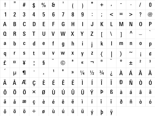 LinotypeUnivers CondMedium  glyph index