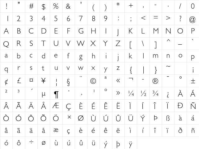 Gill Sans MT Std Light  glyph index