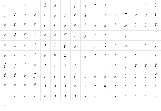 Chasline Oblique  glyph index