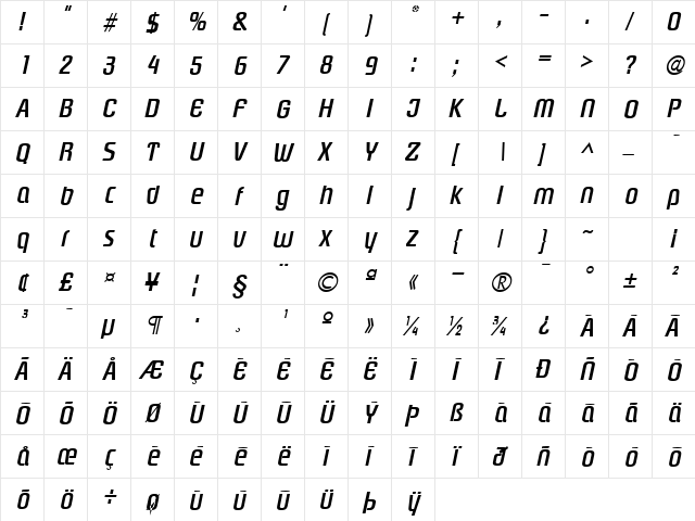 GE Drover Bold Italic  glyph index