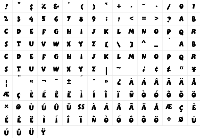 Boink Std Regular  glyph index