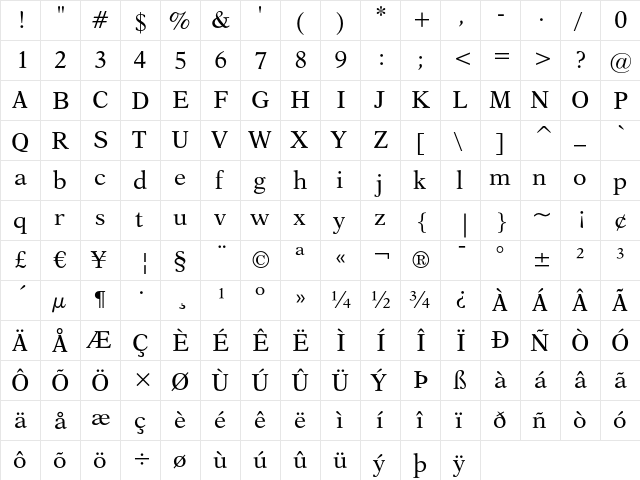 Dutch 823 Regular  glyph index