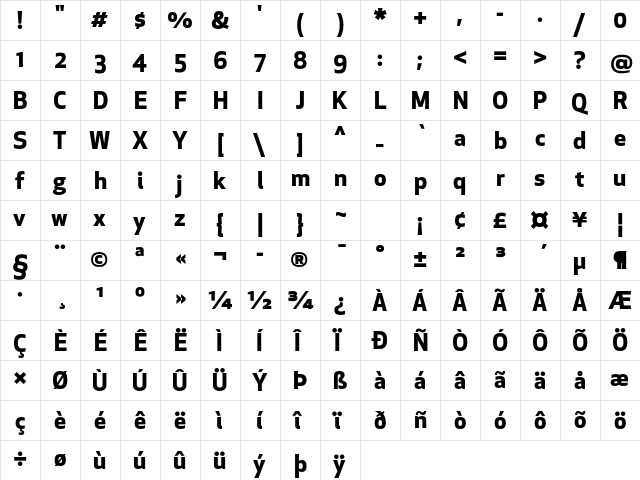 Apex New Bold  glyph index