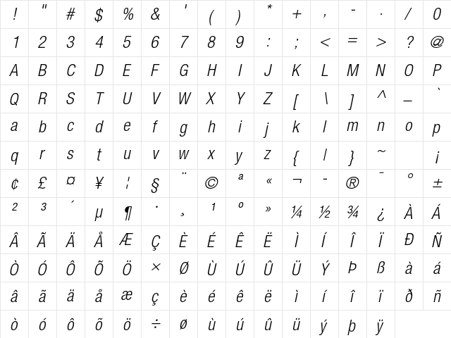 Helvetica Neue LT Pro 47 Light Condensed Oblique  glyph index