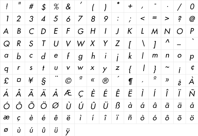 Narragansette Italic Regular  glyph index