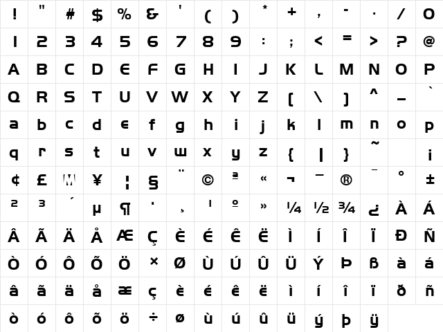 HandelGothic Regular  glyph index