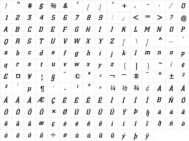 City MediumItalic  glyph index