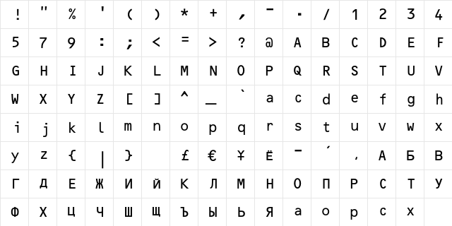 OCR-B10PitchBT Regular  glyph index