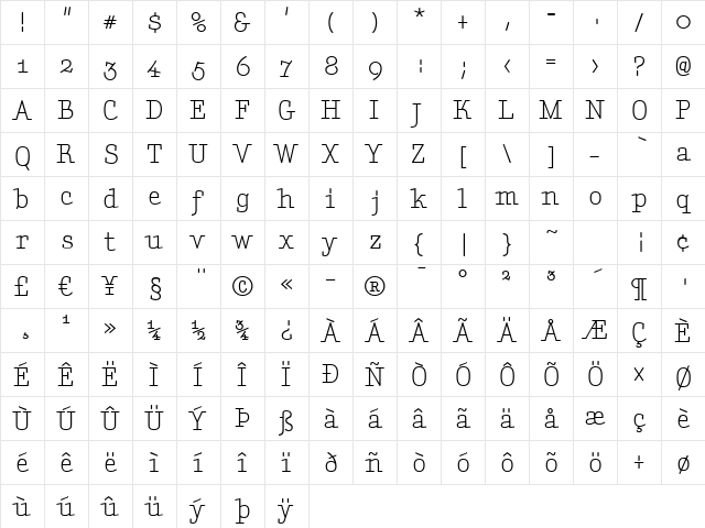 Aminta Regular  glyph index
