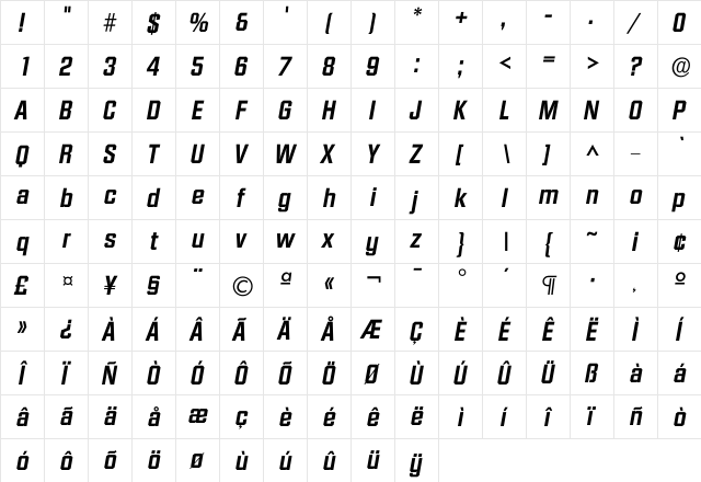 Idiamante DemiBold  glyph index