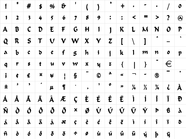 FlatBrushCondensed Bold  glyph index