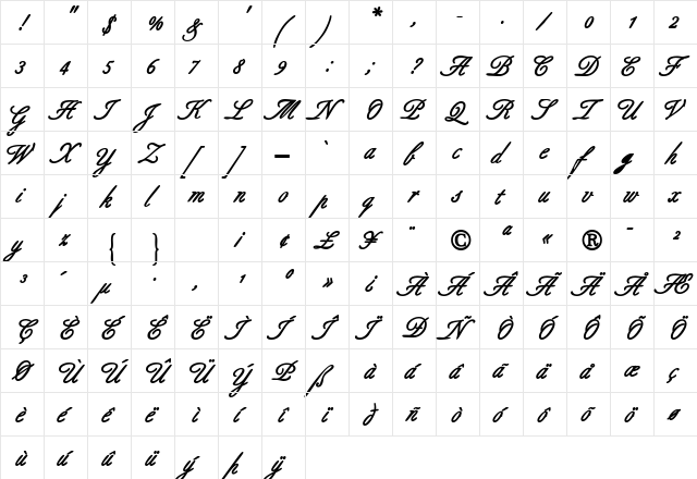 AldridgeScriptSSK Bold  glyph index