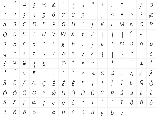 Beret LT Std Light Italic  glyph index