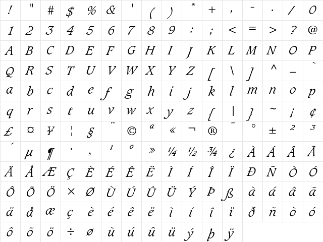 Caxton Light Italic  glyph index