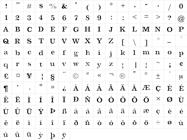 Barbera Thin  glyph index