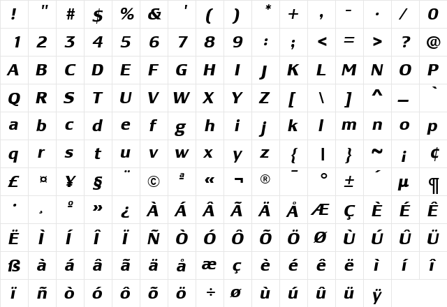 LesmoreBoldItalic Roman  glyph index