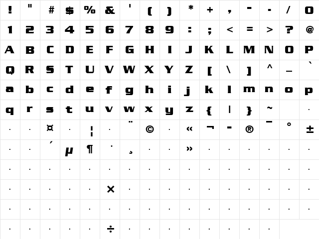 Enterprise Bold  glyph index