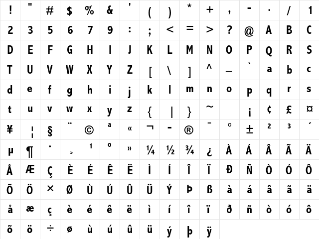 Abadi MT Std Cond Bold  glyph index