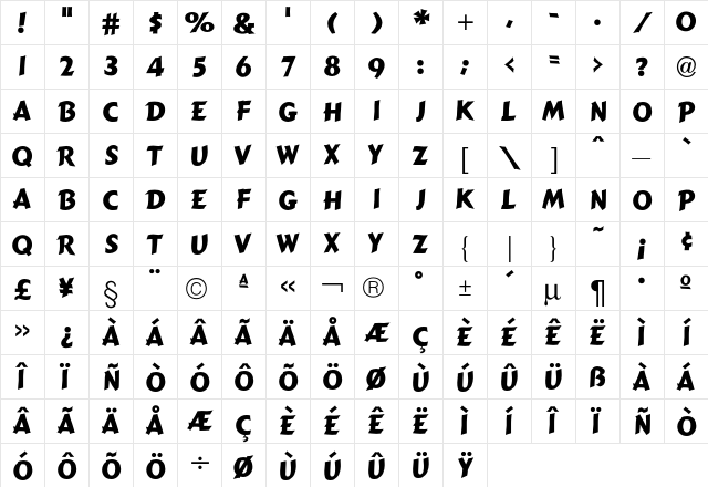 Cartoon Bold  glyph index