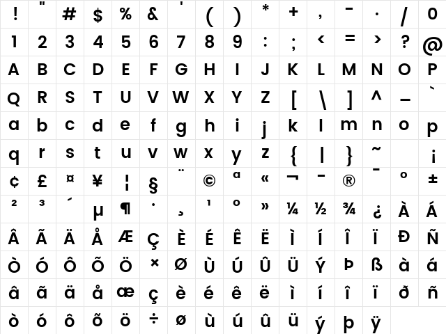 Poppins SemiBold Regular  glyph index