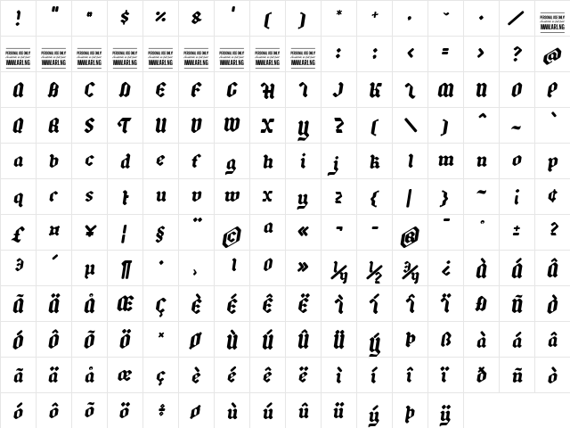 Backyard Black PERSONAL Italic  glyph index