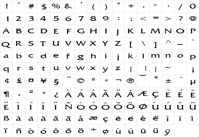 Franco Extended Normal  glyph index