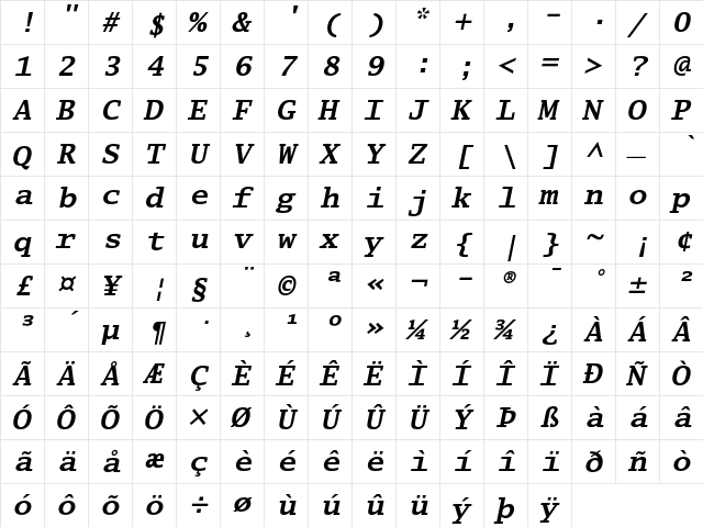 Lucida Typewriter Bold Oblique  glyph index