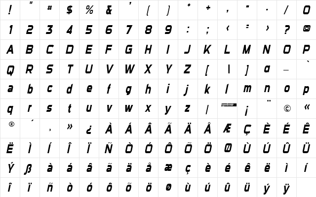 Sui Generis Condensed Italic  glyph index