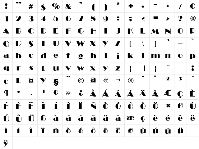 Invite SF Regular  glyph index