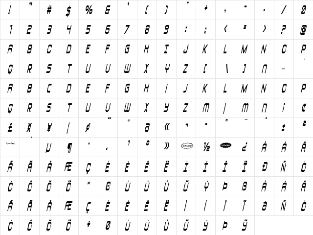 Blizzard Shaft Semi-Italic Regular  glyph index