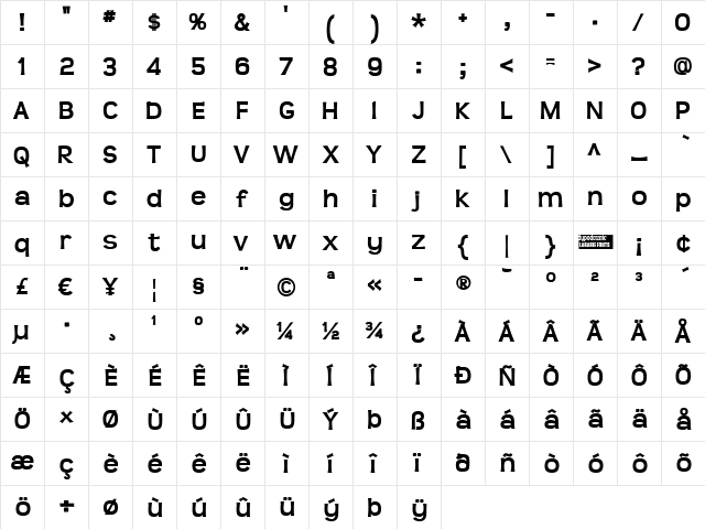 Teen bold  glyph index