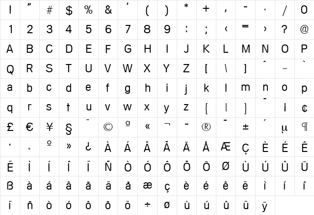 AndreasBecker-Light Regular  glyph index