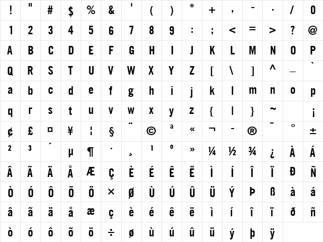 Trade Gothic LT Com Bold Condensed No. 20  glyph index