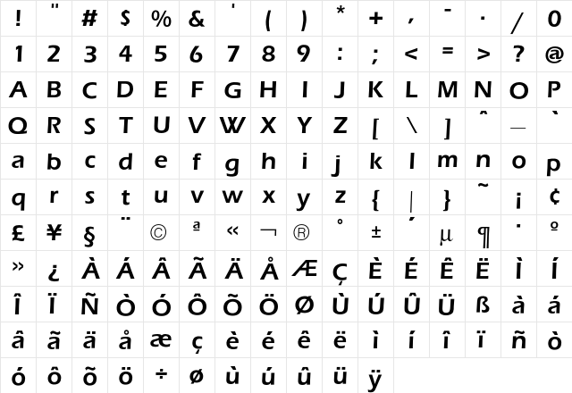 Eras Demi  glyph index