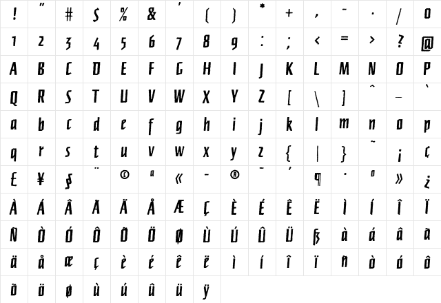 Newberlin Bold  glyph index