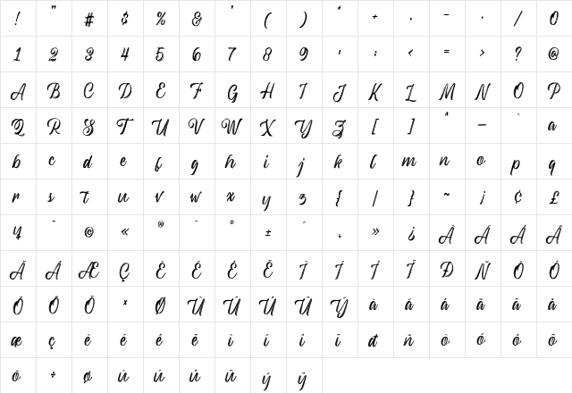 Backrush Regular  glyph index