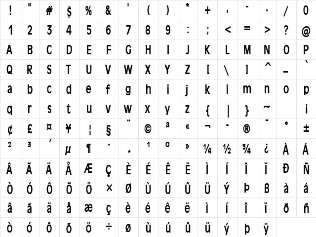 Antiqua 101 Thin Bold  glyph index