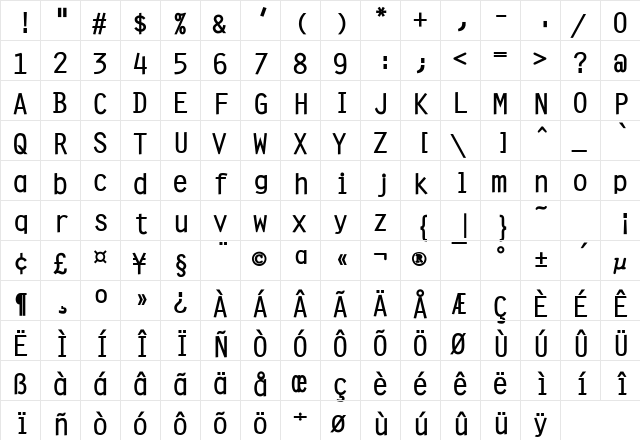 Clean Bold  glyph index