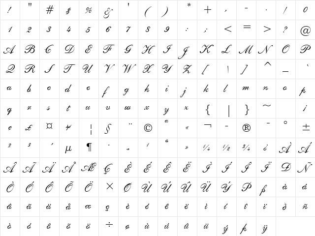 Shelley Regular  glyph index