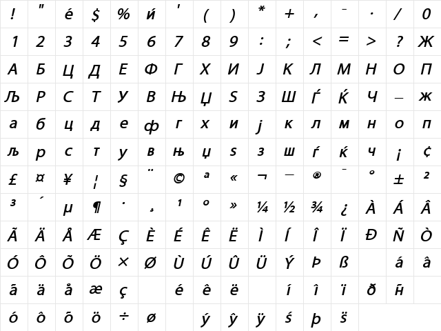 MMyriadRoman BoldItalic  glyph index