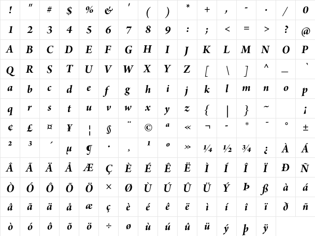 Arno Pro Bold Italic 18pt  glyph index