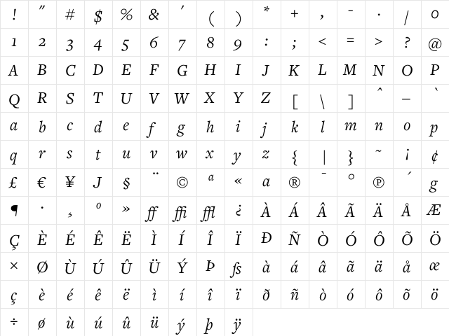 Freight Text Book Italic  glyph index